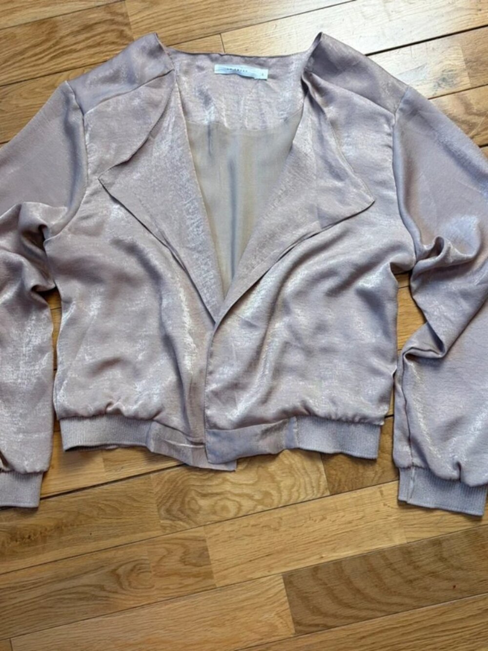So Sweet Pink Satin Look Open Front Bomber Jacket L Lightweight Shimmer